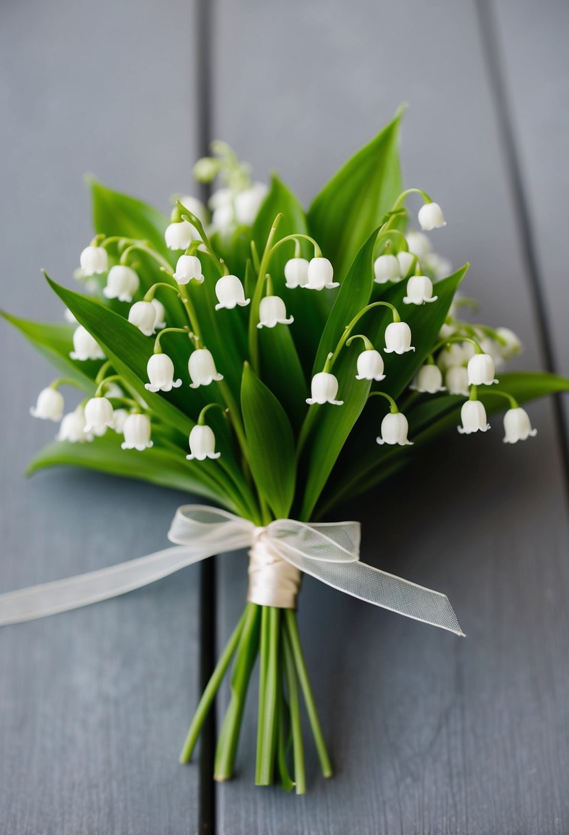 A simple, elegant Lily of the Valley wedding bouquet with a few stems tied together with a delicate ribbon