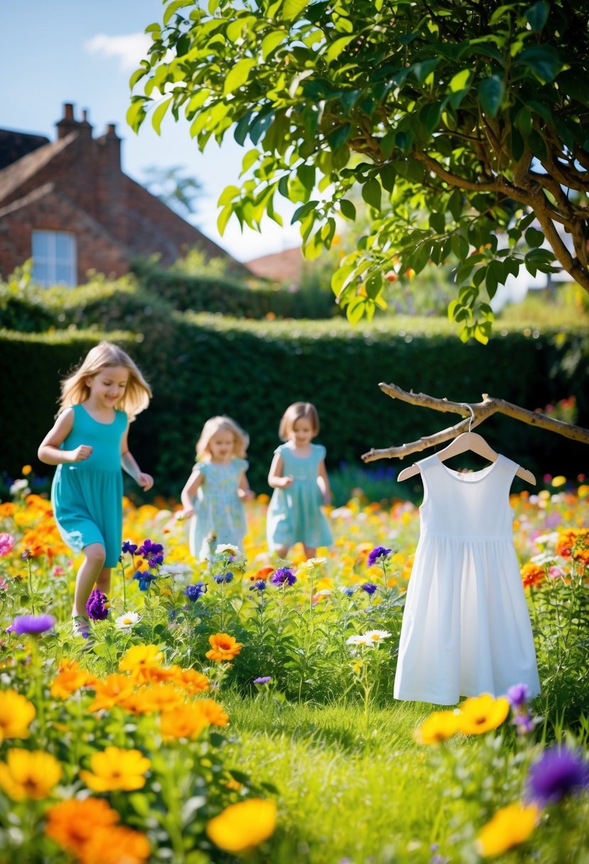 A sunny garden with children playing in a field of colorful flowers, a small A-line cotton dress hanging on a nearby tree branch