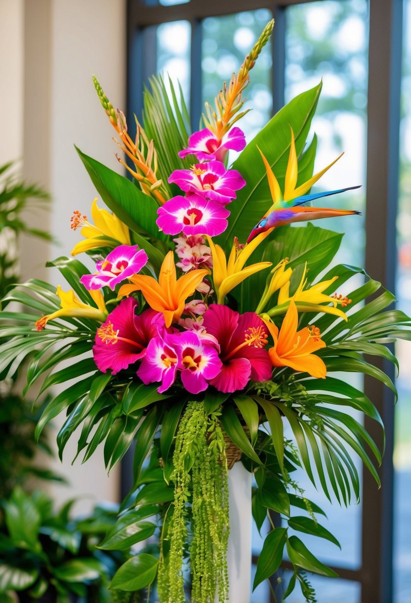 A vibrant bouquet of tropical blooms including hibiscus, orchids, and bird of paradise, arranged in a cascading style with lush greenery