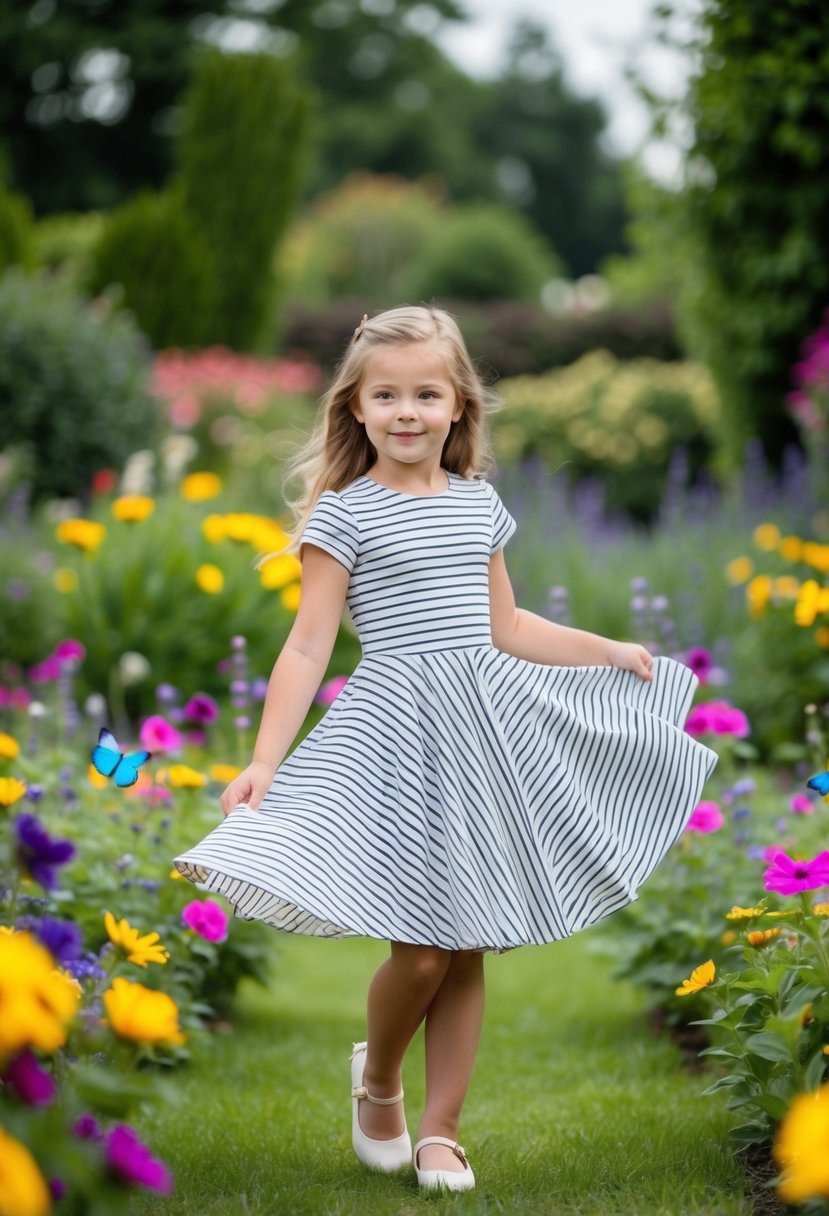 A young girl twirls in a garden, wearing a striped fit and flare dress, surrounded by colorful flowers and butterflies