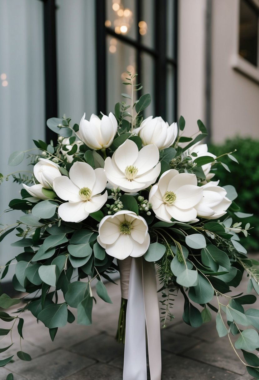 A lush wedding bouquet featuring white magnolias and silver-green eucalyptus leaves arranged in an elegant, cascading design