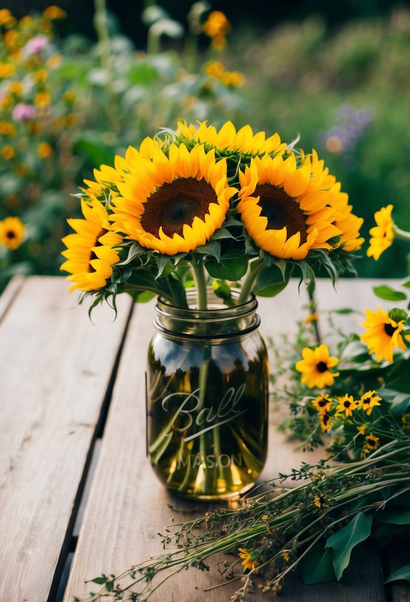 A rustic sunflower bouquet sits in a mason jar on a wooden table, surrounded by greenery and wildflowers