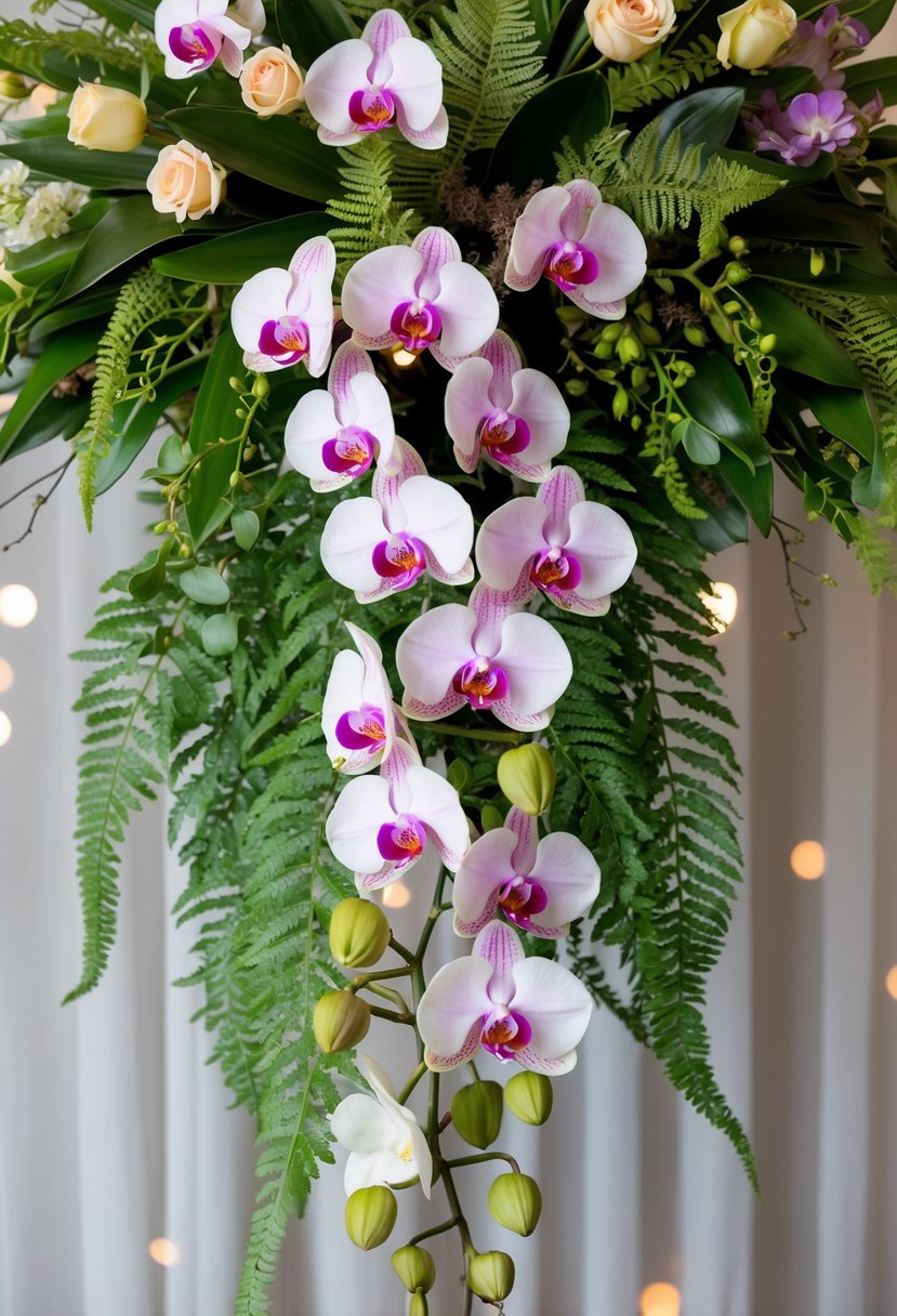 A lush bouquet of chic orchids and delicate ferns arranged in a cascading design, with a mix of vibrant and muted colors