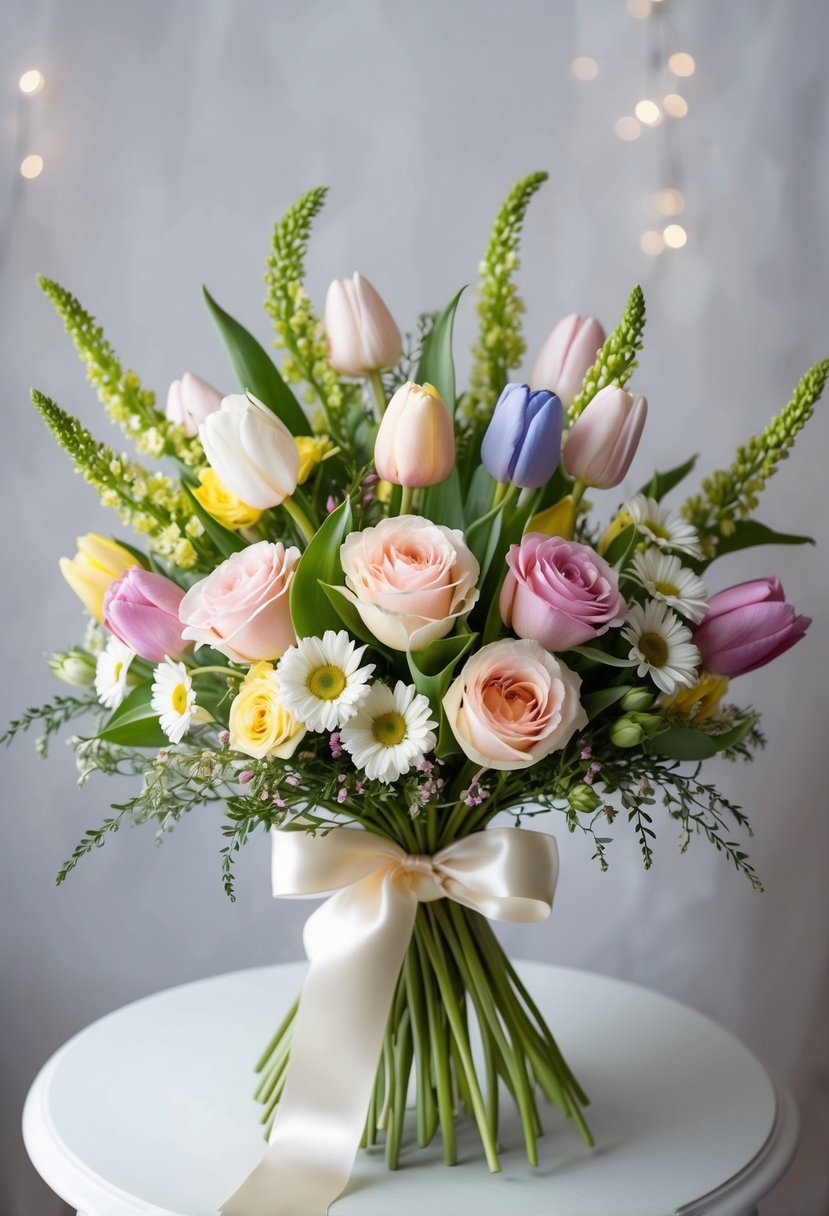 A vibrant bouquet of pastel spring flowers, including roses, tulips, and daisies, arranged in a delicate, flowing style, accented with greenery and tied with a satin ribbon