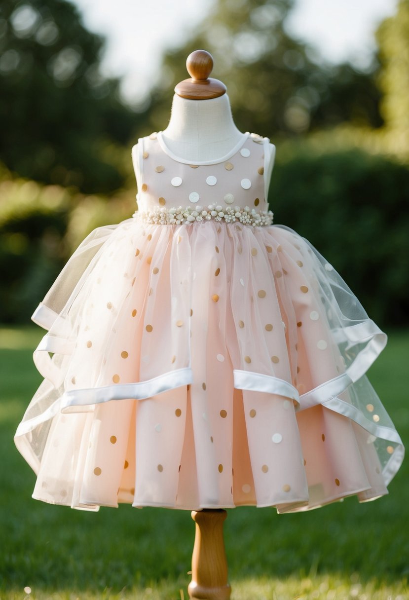 A child-sized mesh overlay dress with polka dots, ideal for a whimsical wedding