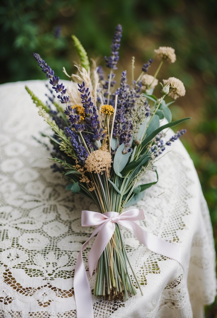 A delicate bouquet of dried lavender, wildflowers, and greenery tied with a satin ribbon, resting on a vintage lace tablecloth