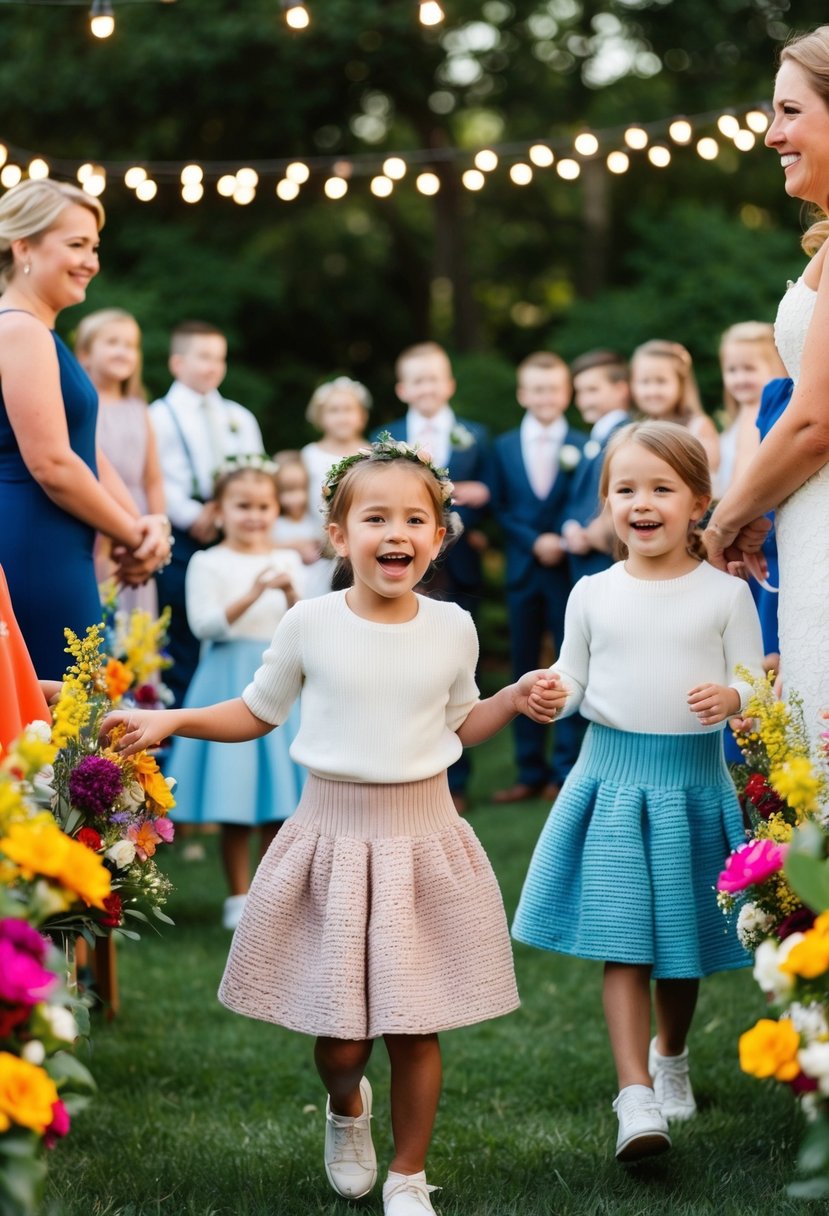 A joyful outdoor wedding ceremony with kids wearing peplum skirt knit dresses, surrounded by colorful flowers and twinkling lights