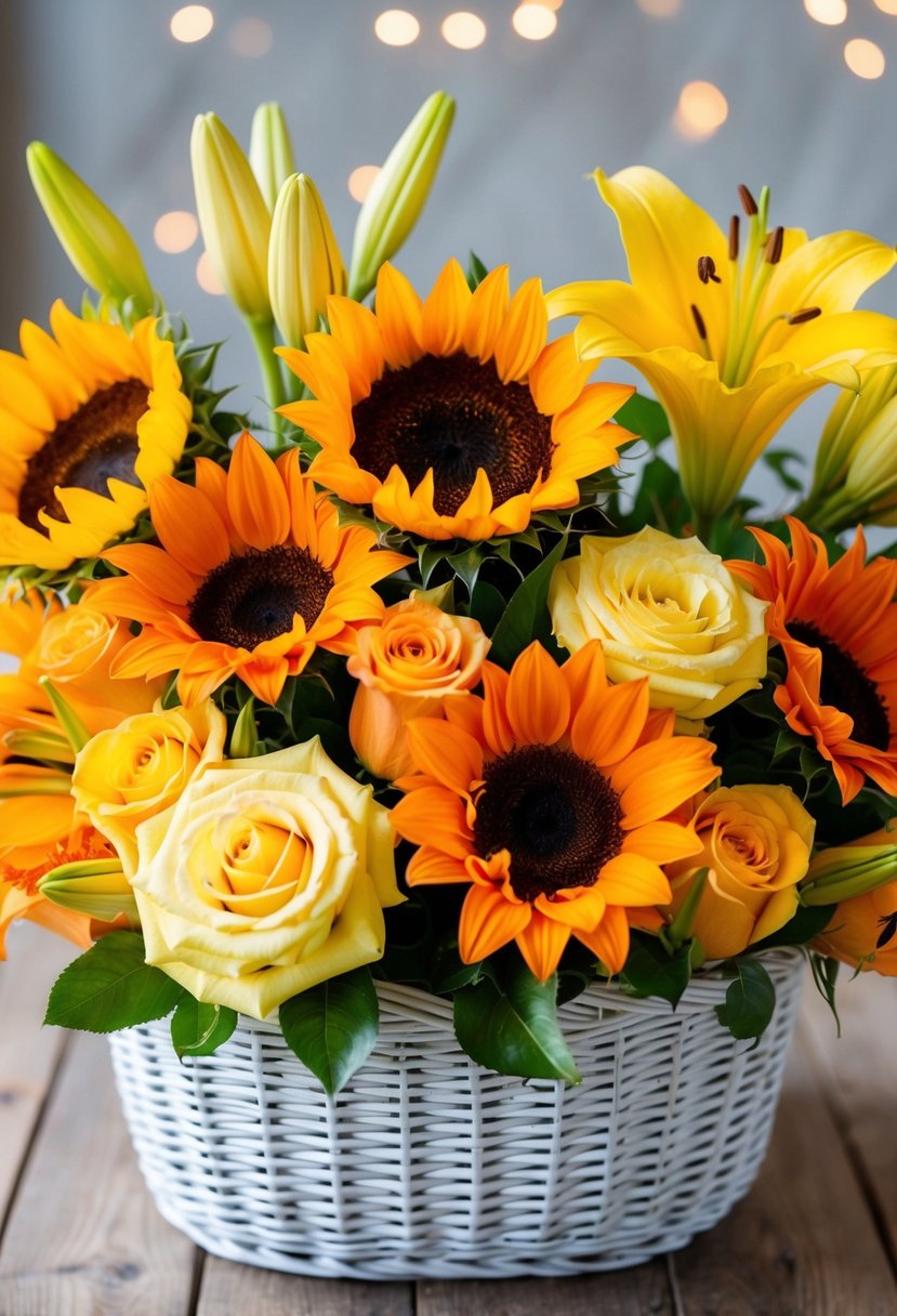 A vibrant bouquet of sunflowers, orange lilies, and lemon-colored roses arranged in a white wicker basket