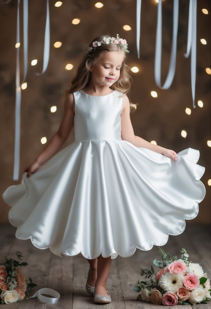 A young girl twirls in a scalloped edge satin dress, surrounded by flowers and ribbons