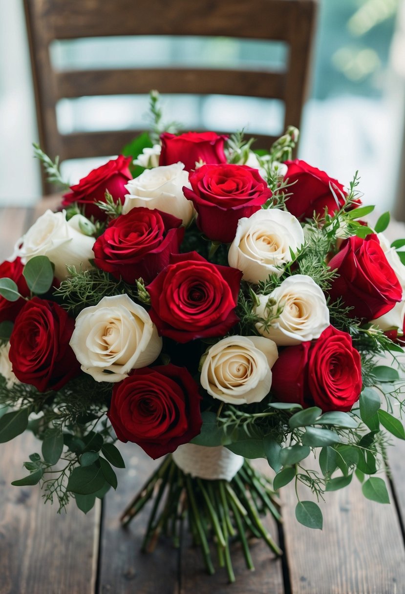 A lush bouquet of red and white roses, intertwined with delicate greenery, sits on a rustic wooden table