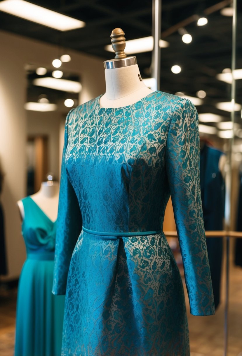 A brocade patterned shift dress displayed on a mannequin