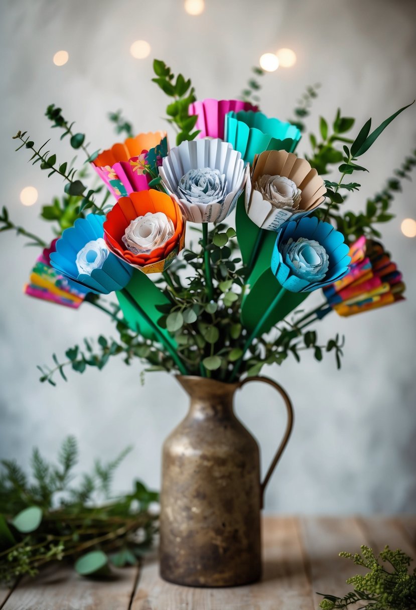 A vibrant bouquet of paper flowers made from recycled materials, arranged in a rustic vase with greenery and natural elements