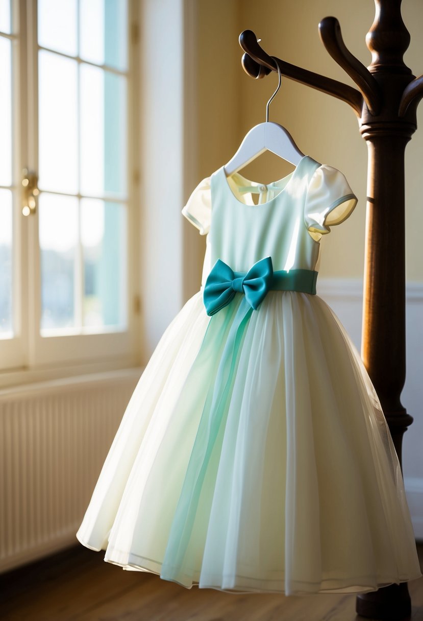 A tea dress with a bow detail, perfect for a kids' wedding, hanging on a vintage coat rack in a sunlit room