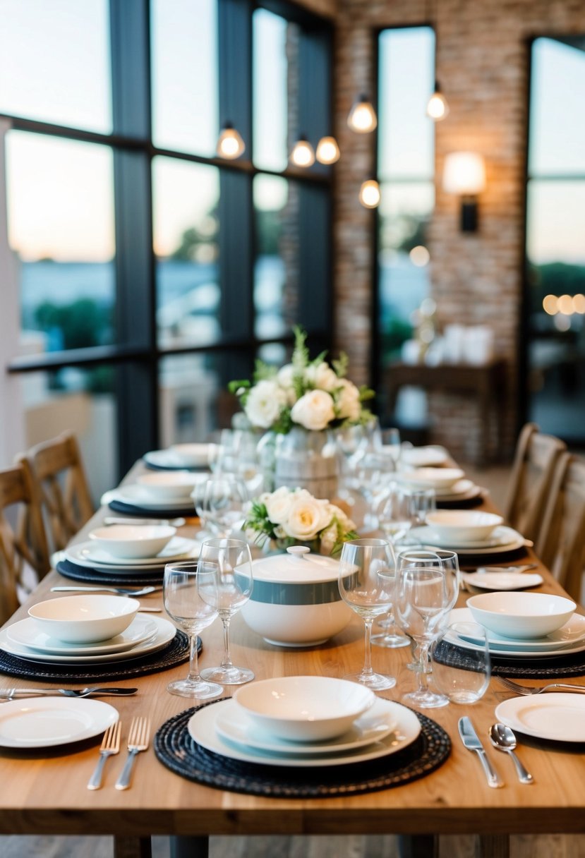 A table with wedding registry items: dishes, glassware, and kitchen appliances displayed in an organized manner