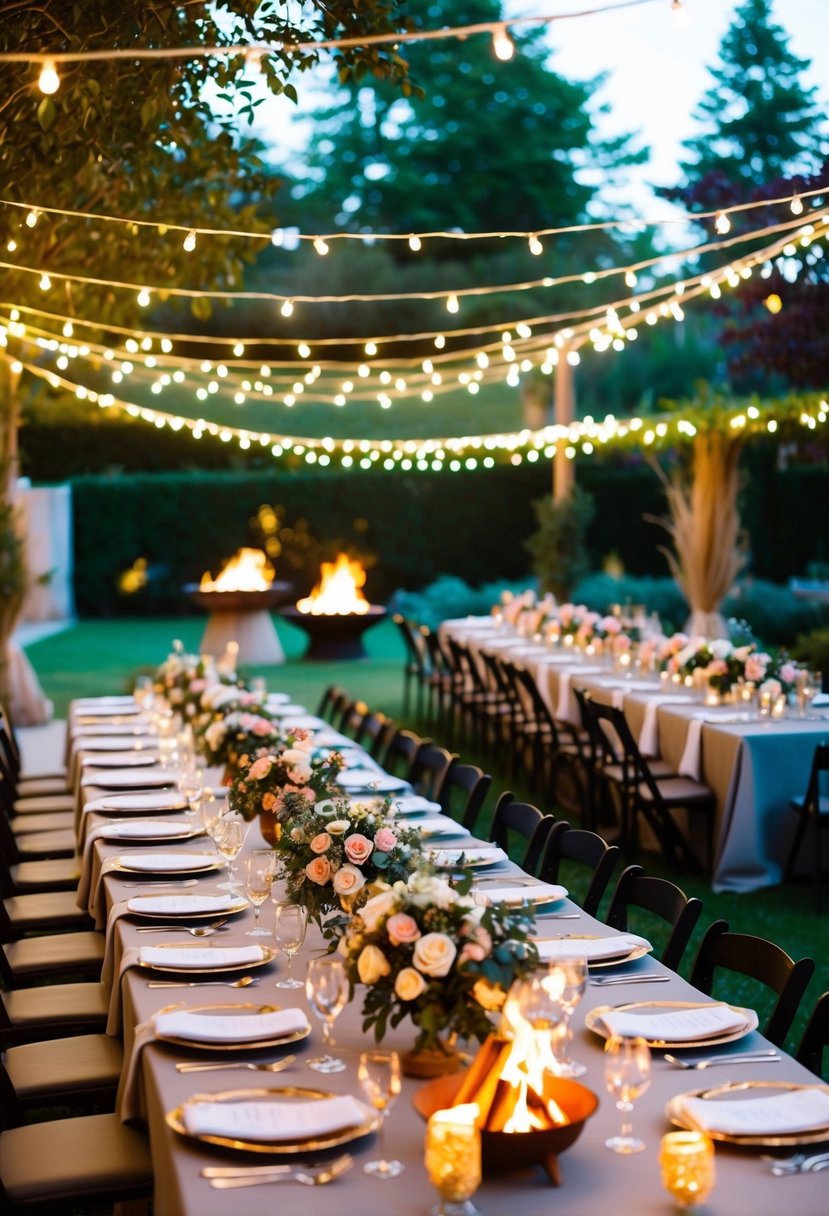 A beautifully decorated outdoor garden with fairy lights, long banquet tables adorned with elegant floral centerpieces, and a cozy fire pit for roasting marshmallows