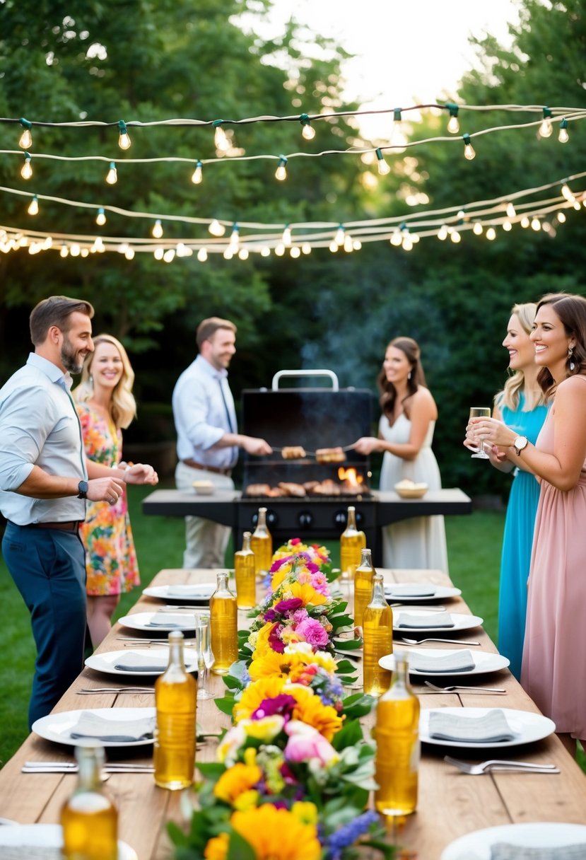 A backyard BBQ with string lights, a long wooden table, and colorful floral centerpieces. A grill sizzling with food, guests mingling and laughing