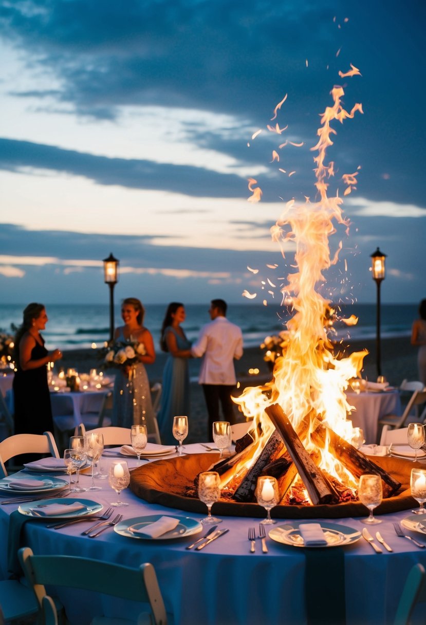 A beach bonfire glows against the darkening sky, surrounded by flickering candles and lanterns. Tables are set with elegant place settings, and guests mingle in the warm ocean breeze