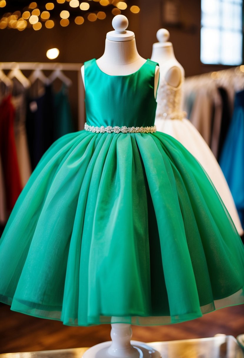 An emerald green wedding dress displayed on a child mannequin