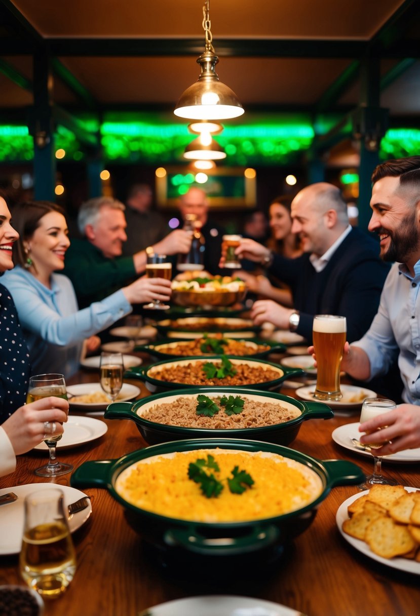 An Irish pub buffet celebration with traditional decor and a lively atmosphere