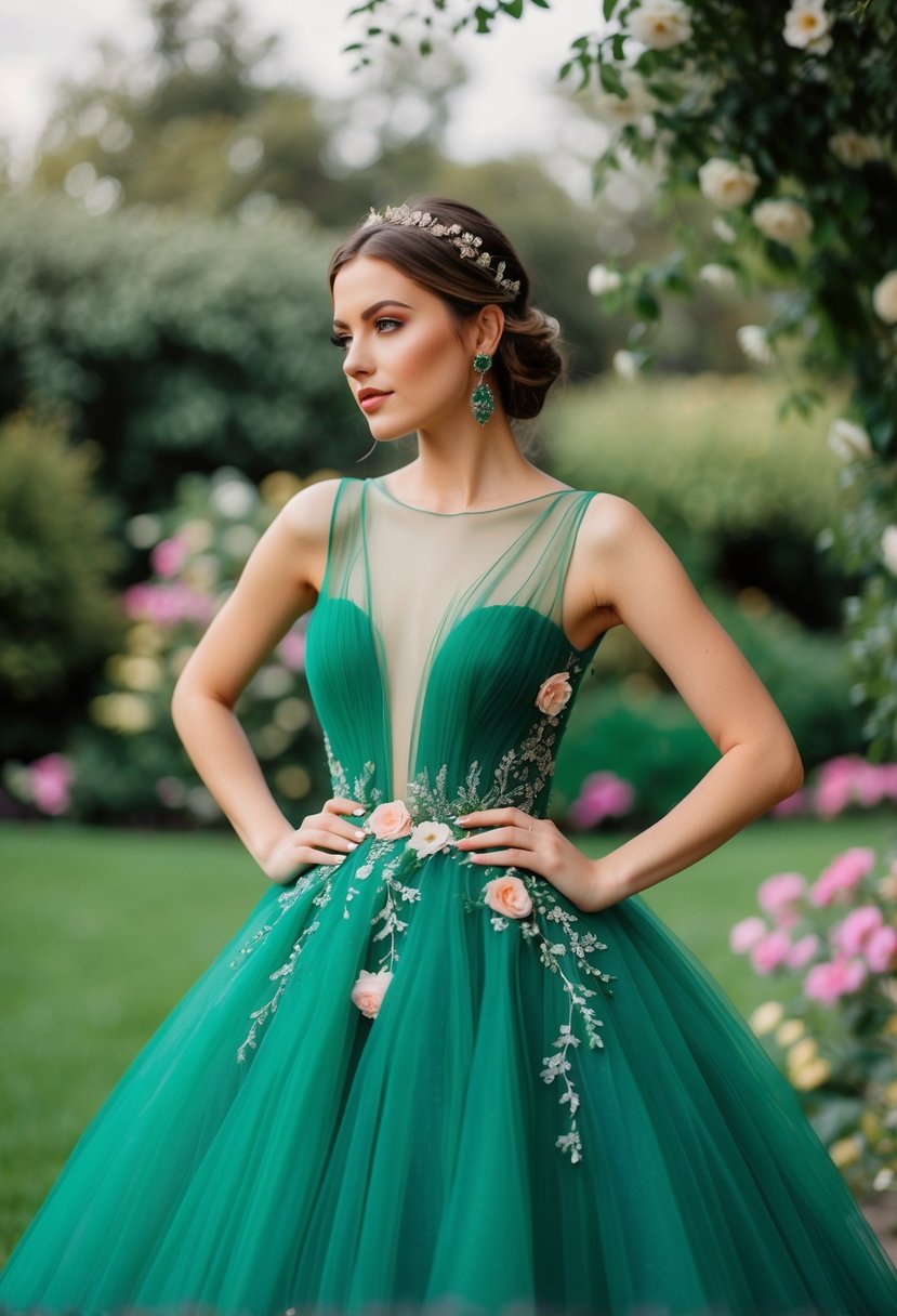 An emerald green tulle dress adorned with floral embellishments, set against a dreamy garden backdrop