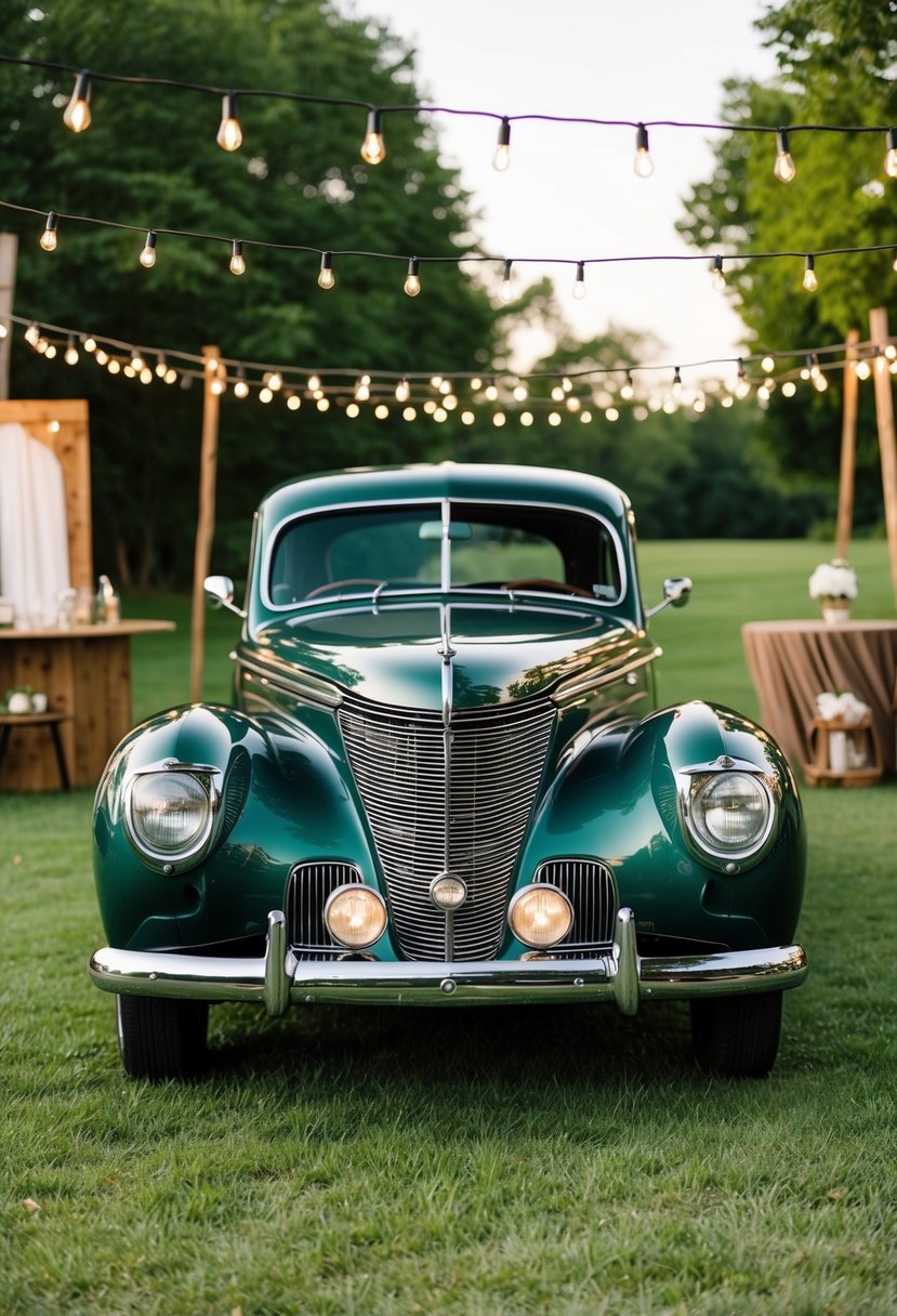 A vintage car parked in a grassy area, surrounded by string lights and rustic decor for a wedding rehearsal dinner setup