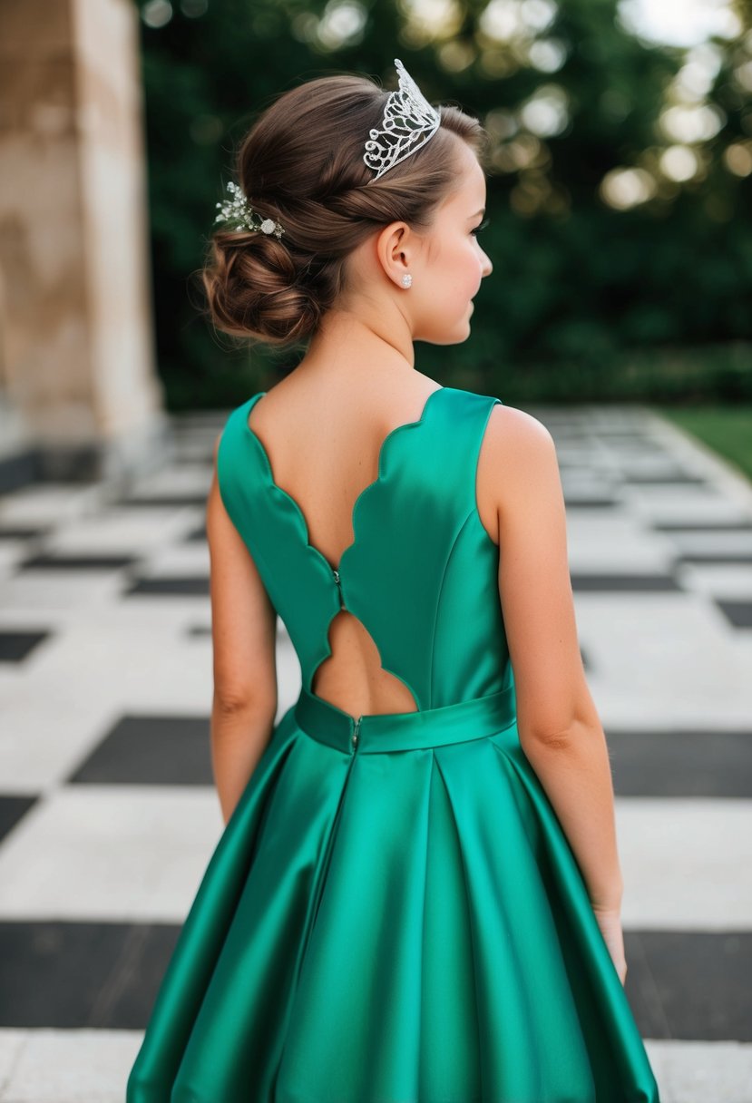 An emerald green satin gown with a scalloped V-back, perfect for pageants or kids' wedding dress ideas