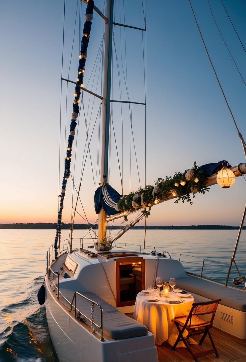 A sailboat adorned with nautical decor glides through calm waters at sunset, with a table set for a romantic dinner on the deck