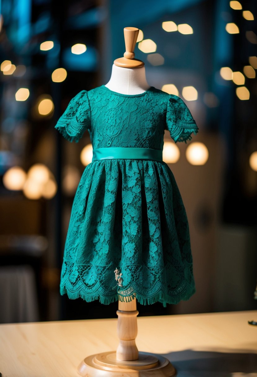 An emerald green lace dress displayed on a child-sized mannequin