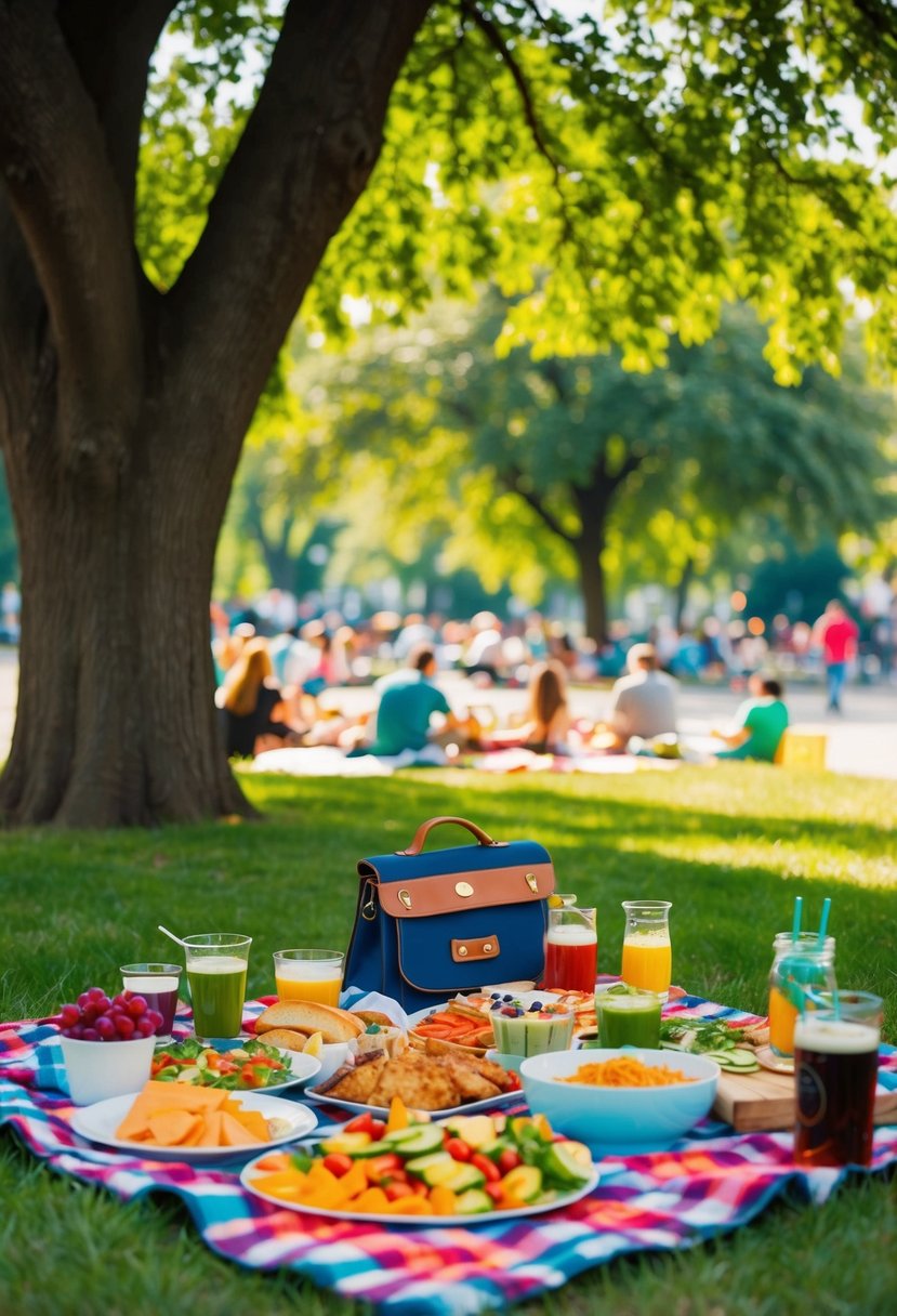 A colorful picnic spread under a shady tree in a bustling local park, with a variety of delicious food and drinks laid out on a checkered blanket