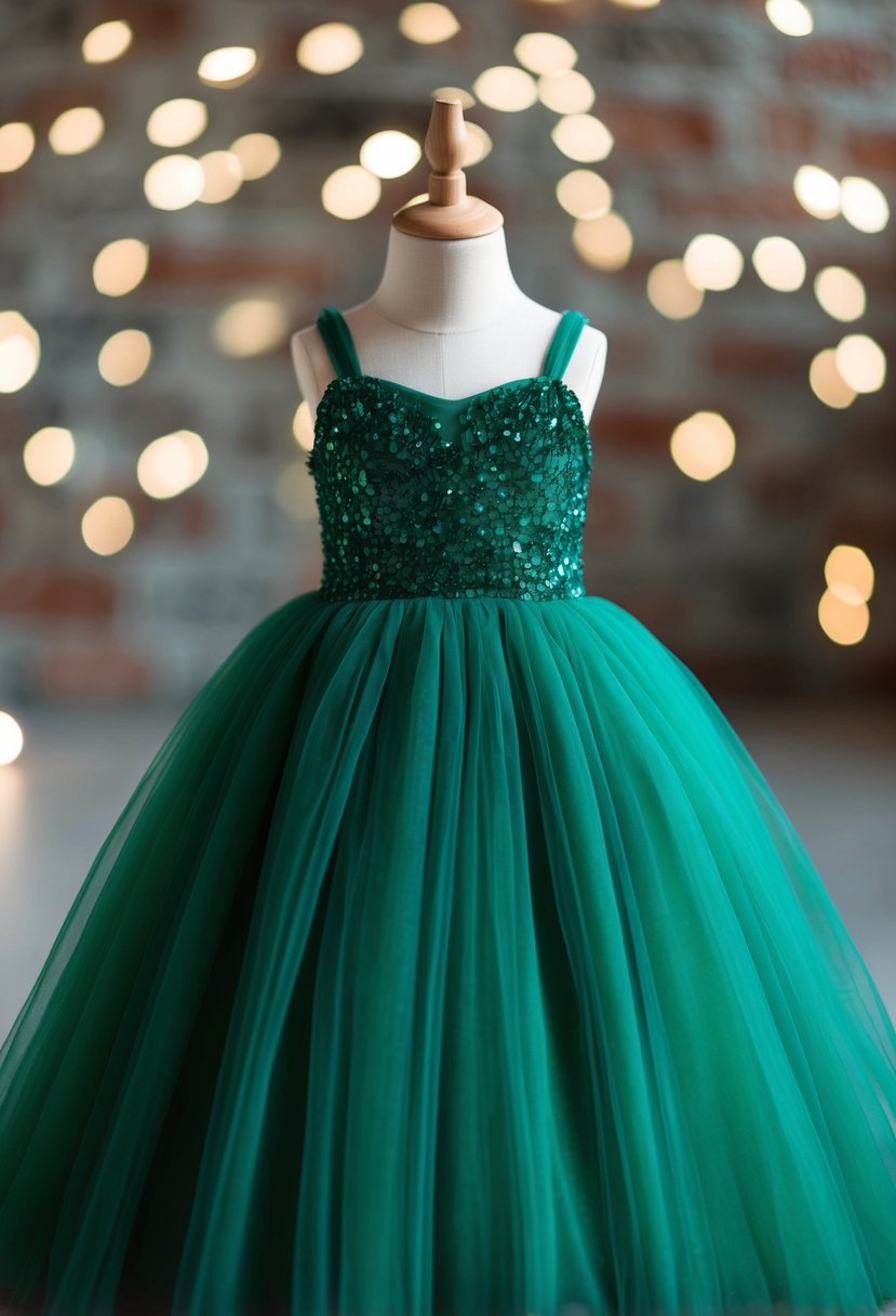 An emerald green tulle gown with spaghetti straps, perfect for a kids' party or wedding