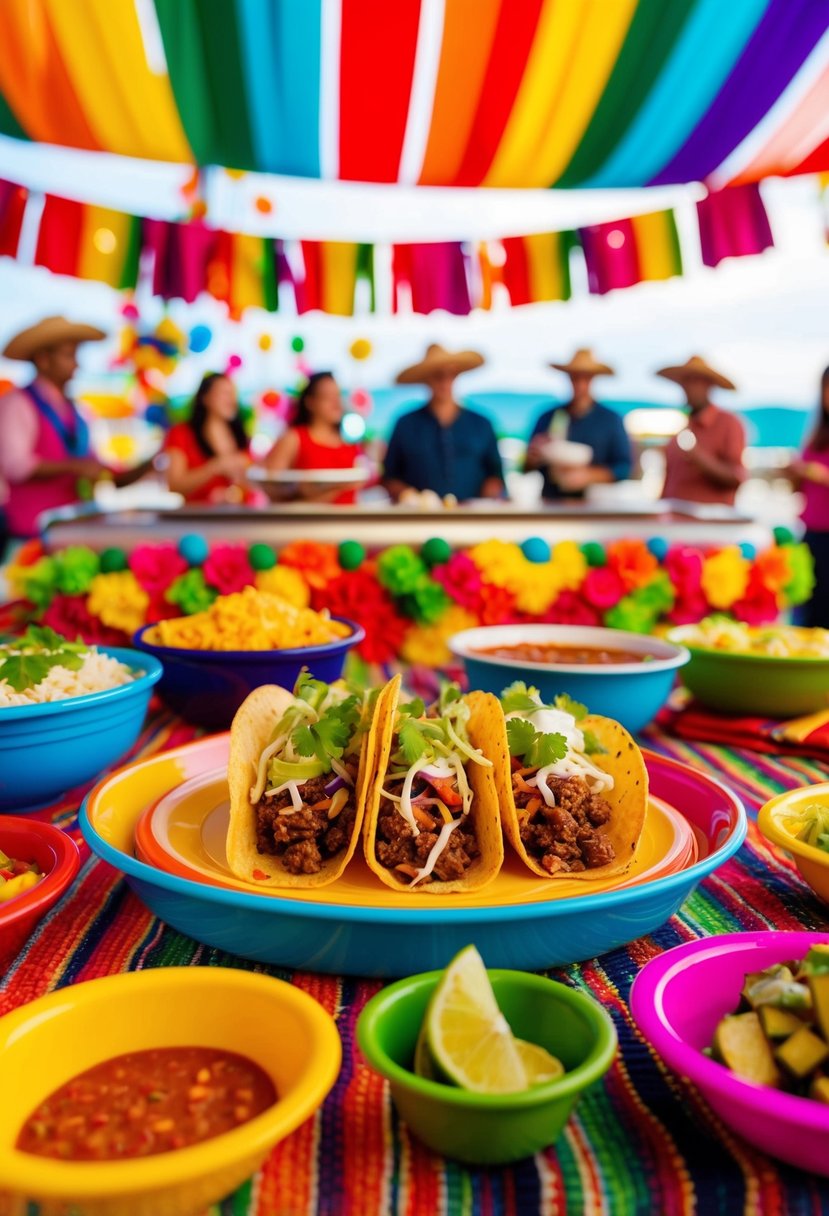 A colorful fiesta with a taco bar, festive decor, and lively music