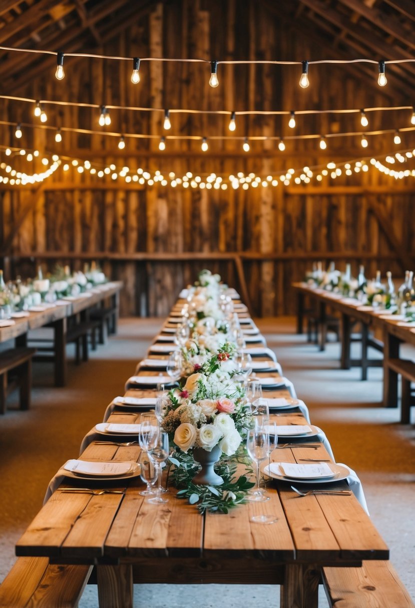 A rustic barn setting with long wooden tables, string lights, and floral centerpieces