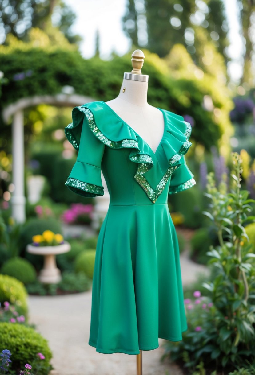 An emerald green A-line ruffle dress with shimmering accents on a mannequin in a whimsical garden setting