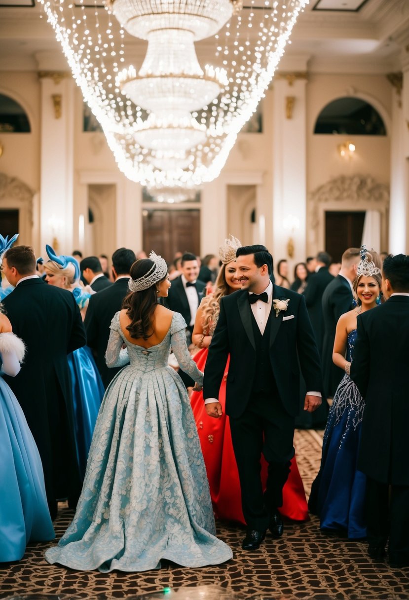 Guests in elaborate themed costumes mingle in a grand ballroom adorned with twinkling lights and elegant decor