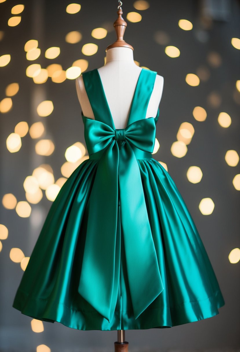 An emerald green silk dress with a large bow tie at the back, fit for a princess, hanging on a mannequin