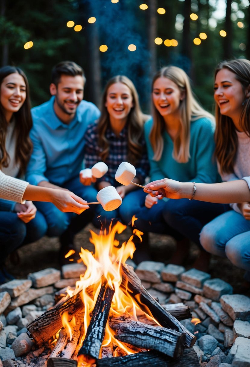 A cozy campfire surrounded by friends, with marshmallows roasting and laughter filling the air