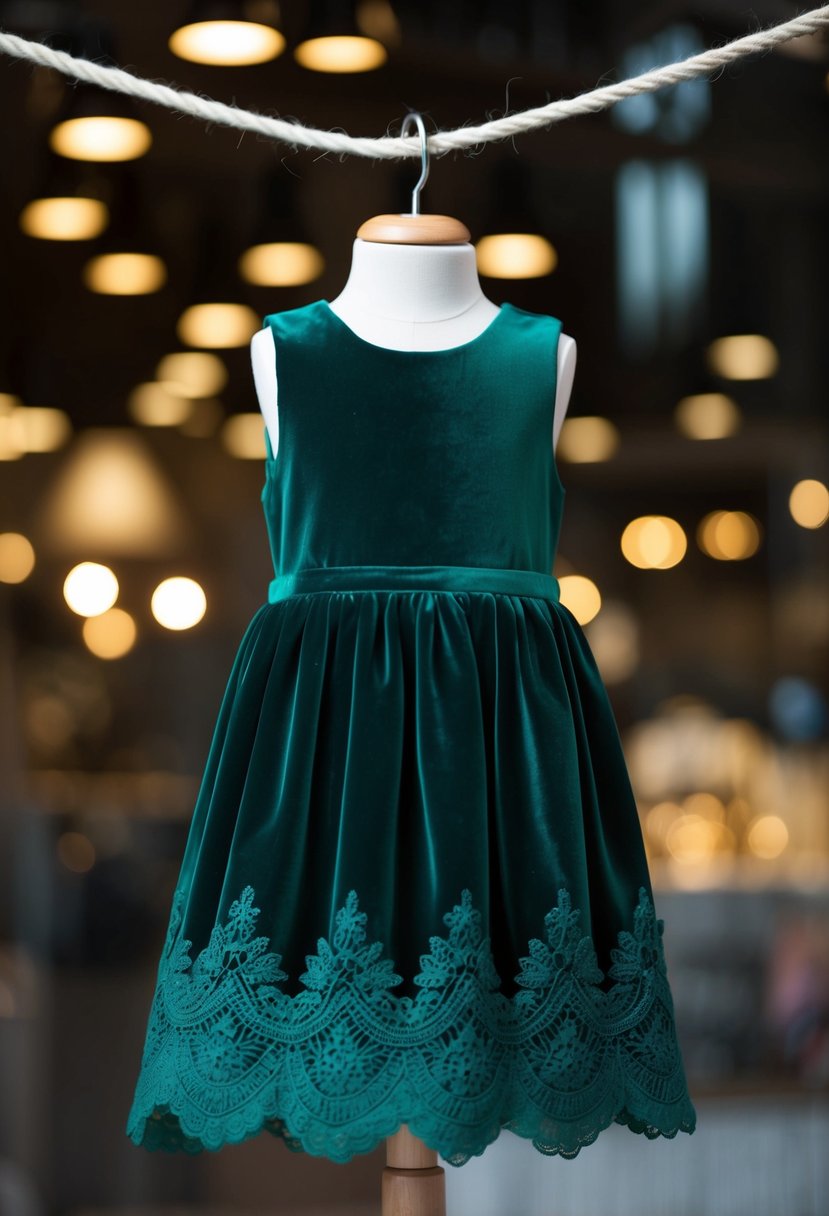 A velvet dress with a scalloped lace hem in emerald green, hanging on a child-sized mannequin