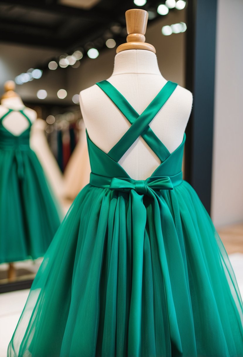 An emerald green chiffon gown with criss-cross back, for a toddler, displayed on a mannequin in a wedding dress shop