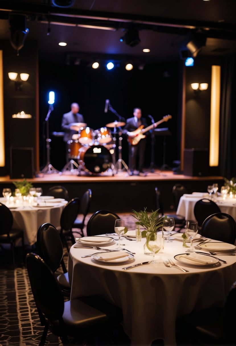 A dimly lit jazz club with tables set for a private dinner. A stage is visible in the background, with instruments and microphones set up