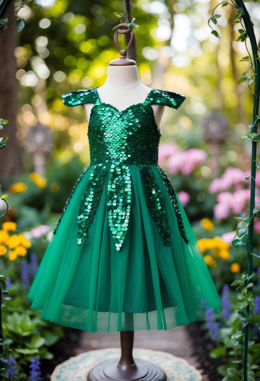 An emerald green vintage-inspired fairy dress adorned with sequins, hanging on a child-sized mannequin in a whimsical garden setting