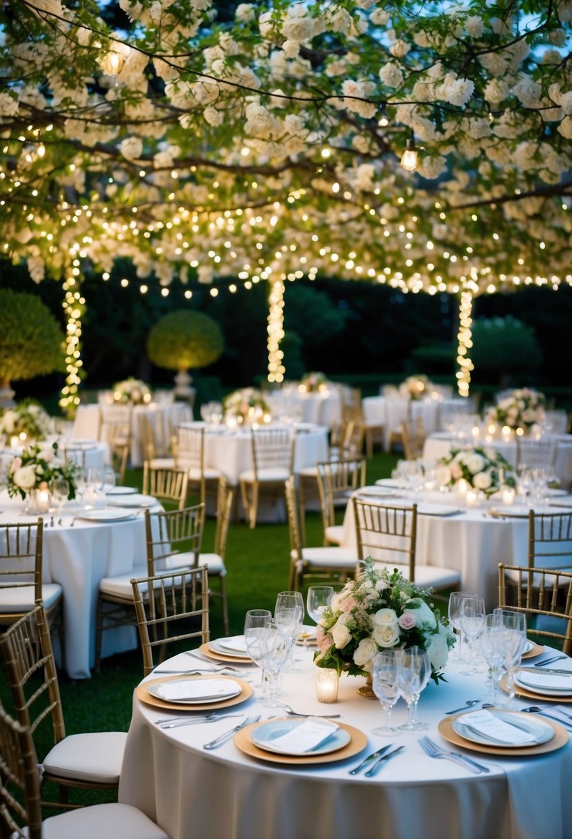 A lush garden adorned with twinkling lights, elegant tables set with fine china and crystal glassware, and a canopy of blooming flowers creating an atmosphere of sophisticated charm for a wedding rehearsal dinner