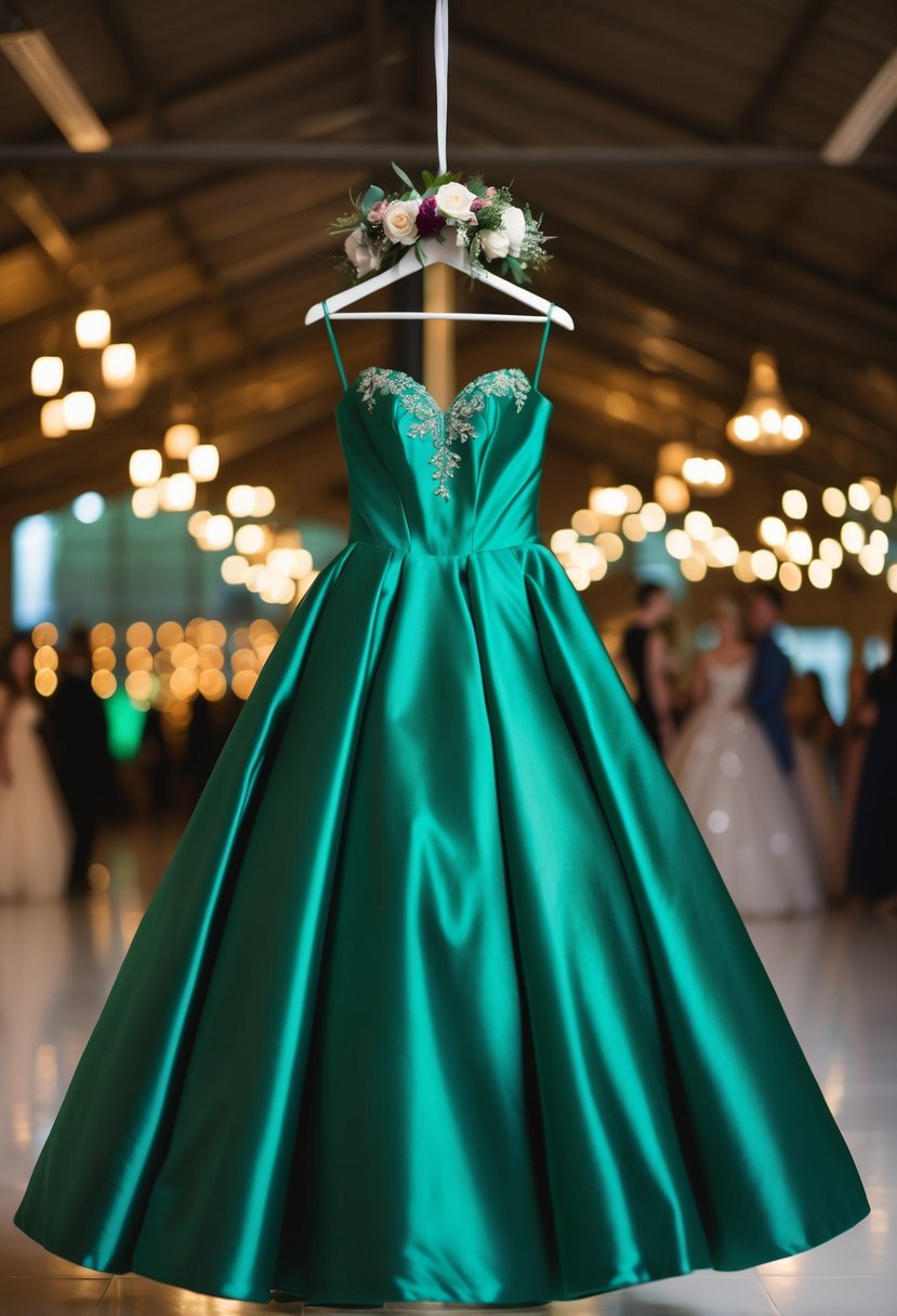 An emerald green satin ball gown with a floral headpiece on a hanger