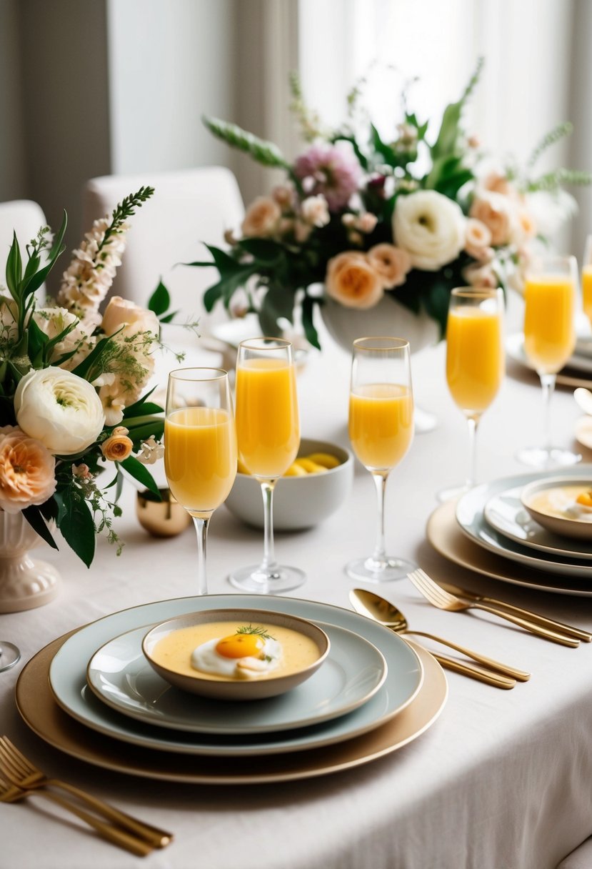 A table set with elegant brunch dishes and glasses of mimosas, surrounded by floral centerpieces and soft lighting