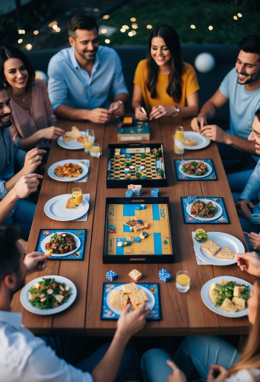 A table set with board games and a spread of casual finger foods, surrounded by friends and family enjoying a relaxed evening together