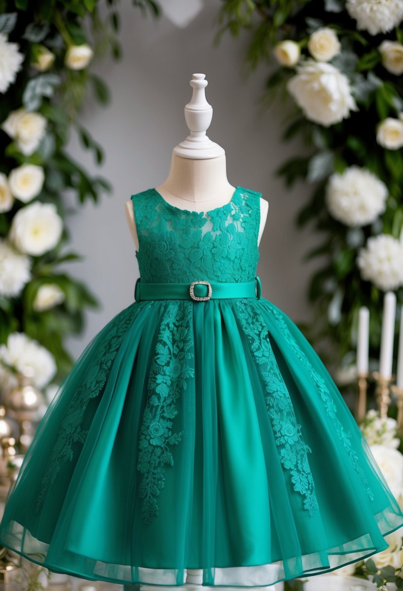 A lace overlay emerald frock with a matching belt hangs on a child-sized mannequin, surrounded by wedding-themed decor and accessories