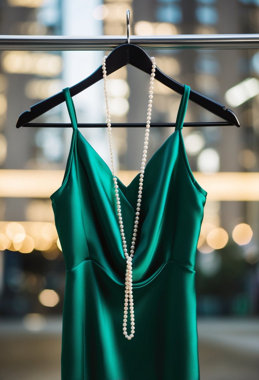 An emerald green silk slip dress with a delicate pearl necklace draped on a hanger