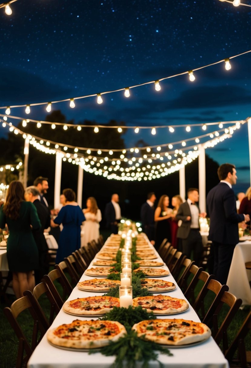 A festive outdoor setting with twinkling lights, a long table adorned with pizzas, and guests mingling under a starry night sky