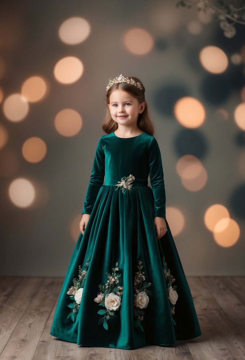 An emerald green long sleeve dress with velvet floral patterns, designed for children's wedding attire