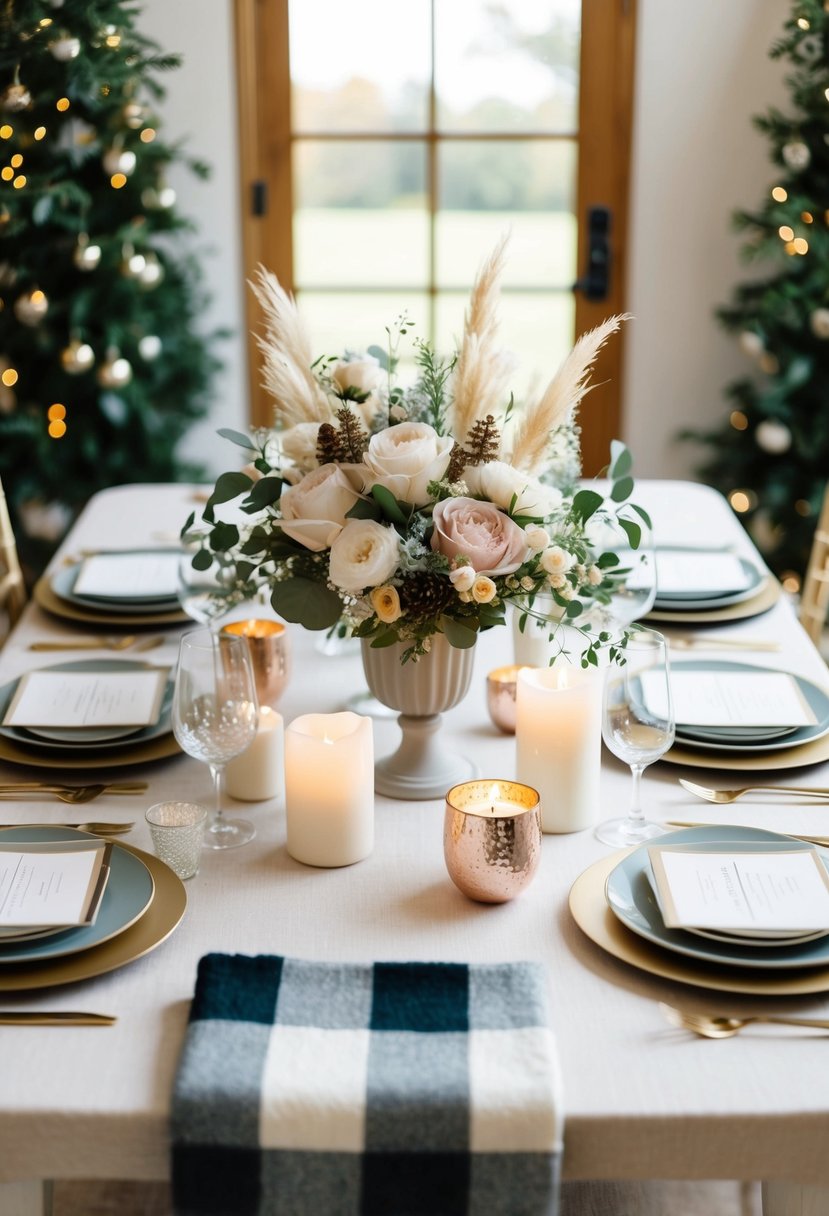 A table adorned with seasonal wedding registry items: cozy blankets, elegant candle holders, and delicate floral centerpieces