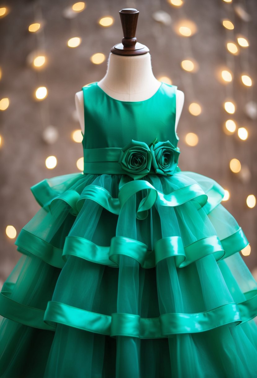 An emerald green tiered organza dress with satin rose details, perfect for a kids' wedding attire